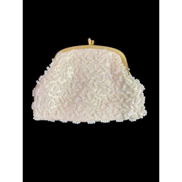 Golden Name Handbags - Vintage Golden Name Beaded White Change Purse Hinged Clasp Hong Kong